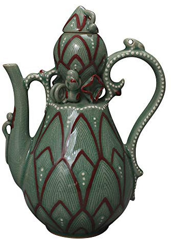 Korean Celadon Handmade Red Copper Underglazing Lotus Design Porcelain Pottery Ceramic Teapot Tea Pot Wine Sake Bottle Water Kettle Luxury Gift