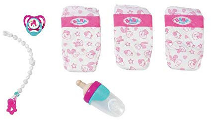 BABY born Spielzeugzubehör Set: 3 Windeln, Schnuller mit Kette & Babyflasche (Manuell, Kunststoff, Unisex, ab 3 Jahren)