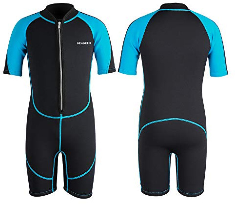 Seaskin Kids Wetsuit for Boys Toddlers, 2mm Front Zipper Shorty Wetsuits, Neoprene Thermal Swimsuits for Diving Surfing Swim Lessons Size 8