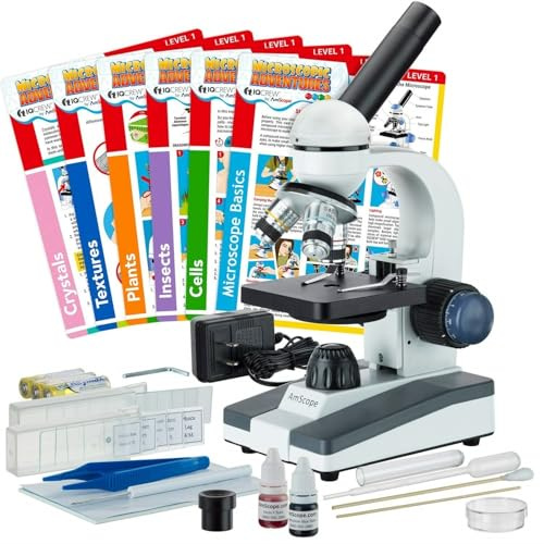 AmScope - 40X-1000X Compound Monocular Student Microscope Set + Slide Preparation Kit + Science Experiment Cards - M150C-SP14-EXCL1
