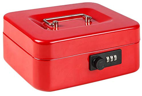 Parrency Cash Box with Combination Lock, Safe Metal Small Locking Box with Money Tray, 7 4/5 x 6 4/5 x 3 3/5, Red