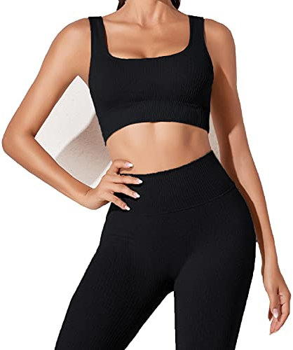 JN JANPRINT Workout-Outfits für Frauen 2-Teiliges Set,Nahtlos Yoga-Outfits Hohe Taille Leggings+Sport-BH Damen Trainingsanzüge Set(Schwarz,L)