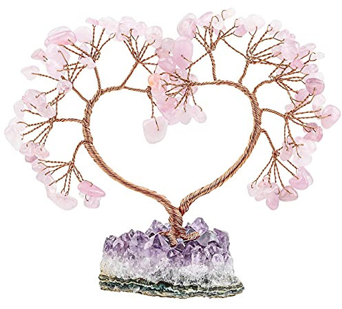 Nupuyai Albero di cristallo al quarzo rosa con base a grappolo di ametista, ciondolo a forma di cuore per albero dei soldi a forma di cuore, ornamento per casa, ufficio, decorazione di nozze