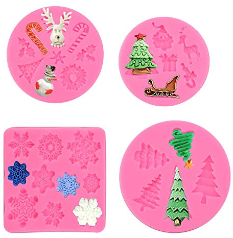OTTYMO 4Pcs Silicone Fondant Cake Moulds 30 Pattens Christmas 3D Silicone Baking Moulds Snowflake Christmas Tree Elk Santa Candy Chocolate Molds for Xmas Birthday Supplies Desserts Cake Decoration