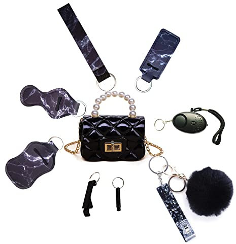 Ensemble de porte-clés d'autodéfense pour femmes et enfants, accessoires de sécurité décoratifs, avec mini sac à main, carte d'alarme personnelle, dragonne