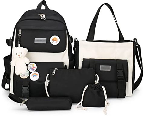 AONUOWE Ästhetisches Rucksack-Set für Schule, Teenager, Mädchen, Tagesrucksack, niedlich, trendig, große Kapazität, adrette Umhängetasche, 5-teilig, Schwarz, Rucksack, Reisen, einzigartig