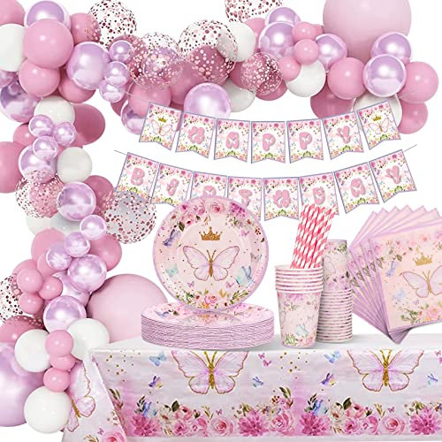 Schmetterling Geburtstagsdeko Mädchen, Schmetterling Partygeschirr Kindergeburtstag, Schmetterling Pappteller Set mit Luftballons Tischdecken Tassen Strohhalme Servietten für 16 Gäste