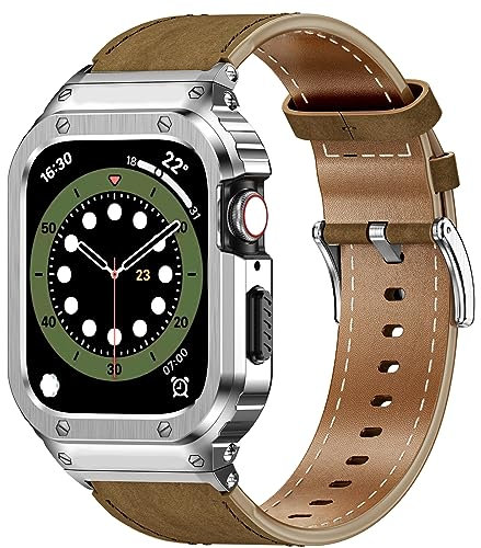 SUPLINK Metallgehäuse mit Lederarmband Kompatibel mit Apple Watch Armbändern 44mm,Robuste Edelstahl Schutzhülle Bumper Echtes Lederarmband für iWatch Serie 6/5/4/SE für Herren(Braun/Silber,44mm)