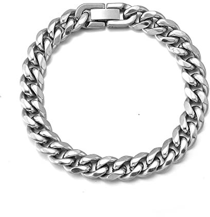 HSWYFCJY Kubanische Armband Herren Edelstahl Panzerarmband Herren Silber Hip Hop Armband für Männer Schmuck Breite 10.5mm,Länge 21cm