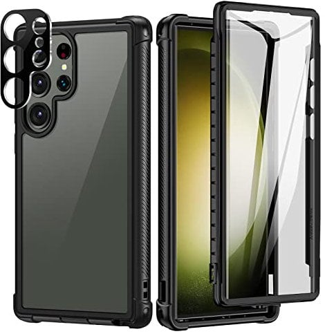 seacosmo für Samsung Galaxy S23 Ultra Hülle mit Eingebautem Displayschutz und 9H Kamera Schutzfolie, 360 Grad vollschutz Handyhülle S23 Ultra 5G Stoßfest Rugged Case, Schwarz