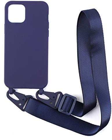 PuYu Zhe Crossbody Case for iPhone 12/12 Pro - Silicone Soft Matte, TPU Shell, Adjustable Neck Cord Strap, Shockproof, Lanyard Case - Dark Blue