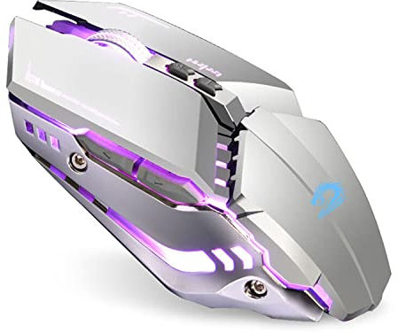Uiosmuph T12 Wireless Gaming Maus, 2.4G LED Wiederaufladbare Kabellose Optische Silent Maus, Ergonomischer Griff,3 DPI Einstellbar für MAC/PC/Notebook/Computer (Silber)