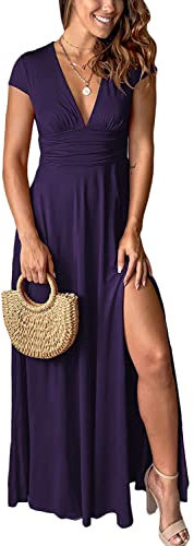 Tomwell Femme Cocktail Robe Profonde V Manches Longues Maxi Robes Sexy Elegant Moulante Fente Latérale Robe de Soirée Plage Robe A Violet L