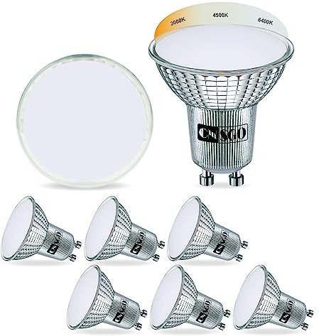 CNSGO GU10 LED Lampen 6W, 640 LM, Abstrahlwinkel 120°, AC 230V Energieeffizient Reflektorlampen Flimmerfrei, Nicht Dimmbar, 6er Pack, 3000K/4500K/6400K, Farbtemperatur Per Wandschalter Einstellbar