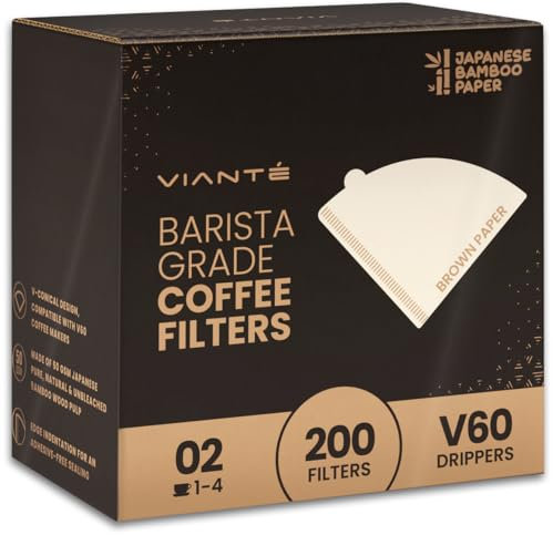 Vianté V60 Kaffeefilter, Größe 2, Braun, ungebleichte Filter aus natürlichen Bambusfasern, 200 Stück