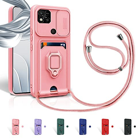 Aithne Funda con Cuerda para Xiaomi Redmi 10A / 9C / 9C NFC/Poco C31 Case con Ranura para Tarjetas,360 Anillo función de Soporte Cubierta -Pink