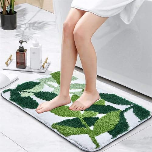 Baahrnom Badezimmerteppich 44 x 61 cm Grün Badematte rutschfest | Badvorleger Waschbar Kuschelig Weich Blatt Badteppich für Duschboden Schlafzimmer Kinderzimmer