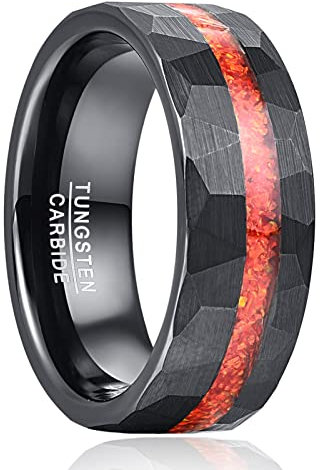 NUNCAD Wolfram Ring Schwarz Hammered Ring für Herren 8mm Hochzeitsring mit roter Opal Männer Ringe Gebürsteter Fläche Größe 60 (19.1)