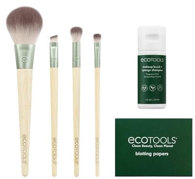 EcoTools Limited Edition Merry Must-Haves Kit, Gesicht & Lidschatten Make-up Pinsel, Shampoo & Reiniger, Löschpapiere für mattes Make-up, umweltfreundlich, 6-teiliges Geschenkset