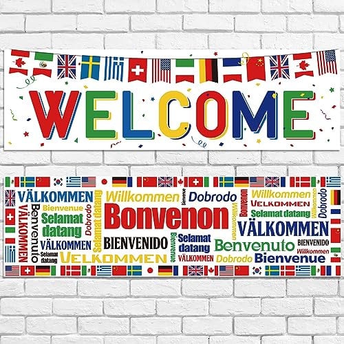 Panelee 2 Pancartas de Welcome Internacionales 35 x 110 cm Pancarta de Banderas del Mundo Decoración de Banner de Banderas de Países de Poliéster para Eventos Deportivos Club Cumpleaños Aula (Blanco)