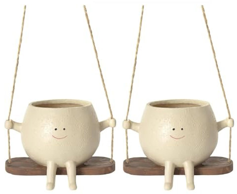 Jardinière à Suspendre Intérieur Extérieur, 2 Pot de Fleurs en Résine avec Visage Sourire et Balançoire, Pot de Fleur pour Cactus Succulentes, Décoration Murale pour Maison Bureau Balcon Jardin