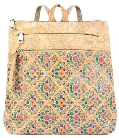 DeCarbonize Damen Rucksack aus Kork Veganleder Nachhaltig Damen Handtasche (Blumen Muster)