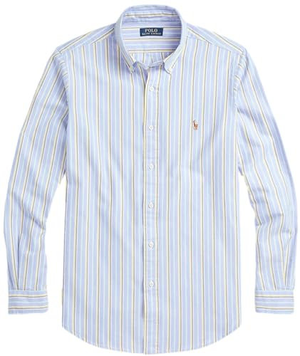 Polo Ralph Lauren POLO RALPH LAUREN Men's Long Sleeve Oxford Button Down Shirt (XXL, StripedBlueYellow), (Collection 2024) Striped Blue/Yellow, XXL