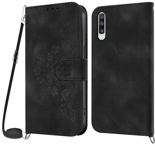 Netany Handykette Hülle für Samsung Galaxy A70 / A70S, Handyhülle für Samsung A70/A70S Hülle mit Kette Klappbar, PU Leder Necklace Klapphülle und Umhängeband Lanyard Flip Schutzhülle mit Band(Schwarz)