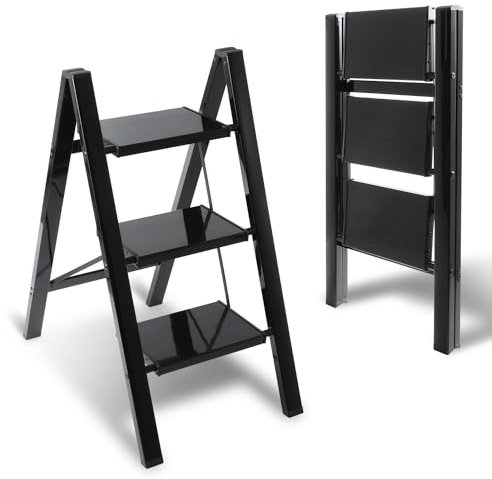 Eulenke Scala a 3 livelli, scaletta pieghevole, in alluminio, leggera, con pedale largo, antiscivolo, per casa, ufficio, cucina, portata fino a 150 kg, colore nero
