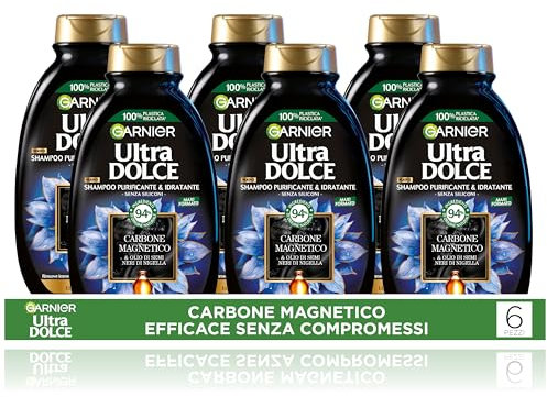 Garnier Ultra Dolce Carbone Magnetico, Multi Pack x6 Shampoo Idratante e Purificante, 94% Origine Naturale, Per Cute Grassa e Lunghezze Secche, Senza Siliconi, 300 ml