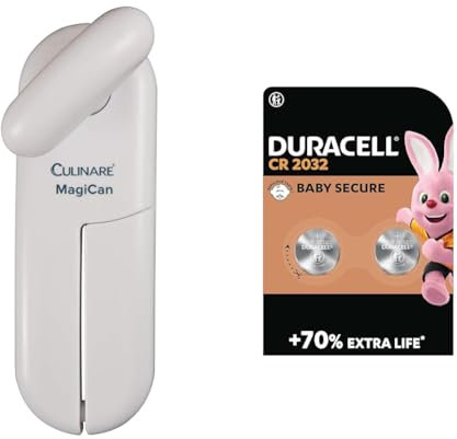 Culinare C10015 MagiCan Tin Opener, White, Plastic/Stainless Steel, Manual Can Opener & DURACELL 2032 Lithium Coin Batteries 3V (2 pack) - Up to 70% Extra Life - Baby Secure Technology