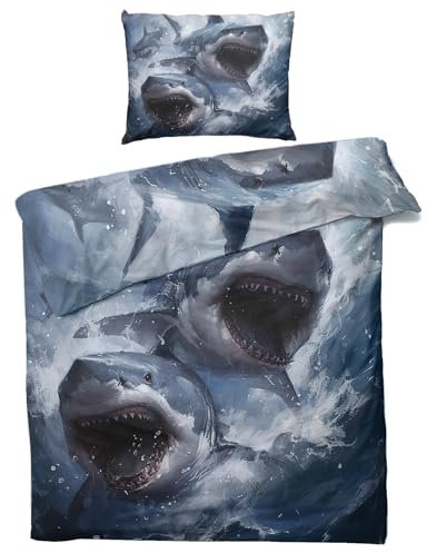 MOBEITI Hai Bettwäsche 140x200, Meerestiere Wendebettwäsche, Weiche Kuschelige Mikrofaser Bettbezug Set 2teilig, 1 Kissenbezug 70x90, mit Reißverschluss -MO&350