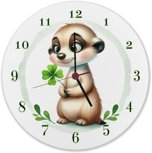 speecheese Erdmännchen mit Kleeblatt Wanduhr Glücksbringer Niedlich Süßes pflanzenliebendes Tier Grüner Akzent für Ihr Zuhause