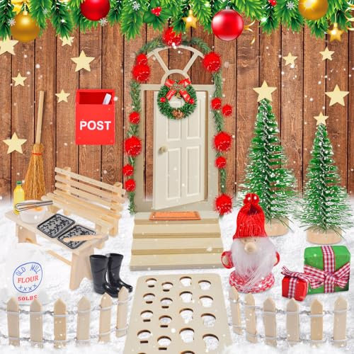 Kit d'Accessoires de Porte de Lutin de Noël - 27 Pièces, Ensemble Maison Miniature Décoration Noel Avec Arbre, Clôture, Lanterne - Ornement Farceur