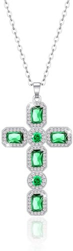 Linawe Kreuzkette Kreuz Kette Silberkette Halskette Damen, Smaragd Grün Diamant Geburtsstein Kristall Kettenanhänger Silber, Kette mit Kreuz Anhänger, Schmuck Kette Jewelry