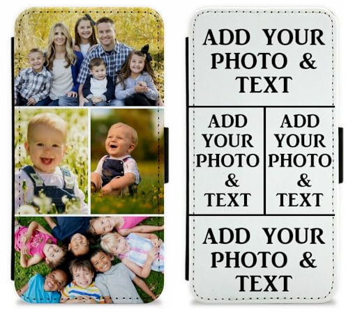 EKAM Personalised Case For iPhone 17, 16, 15, 14, Pro, Max, Plus 13, 12, 11, X, XS, XR, SE, 8, 7 - Custom Photo/Image Collage Layout Design on PU Leather Wallet Magnetic Flip Folio Cover (4 Images)