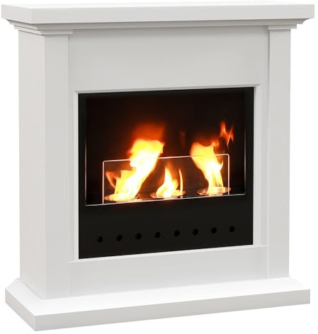 HOMCOM Chimenea de Bioetanol con Marco Estufa de Bioetanol de Pie con Tanque de 1,2 L Apagallamas de Acero Inoxidable Tiempo de Combustión 3H para Interiores 16-18 m² 63,5x24x66 cm Blanco