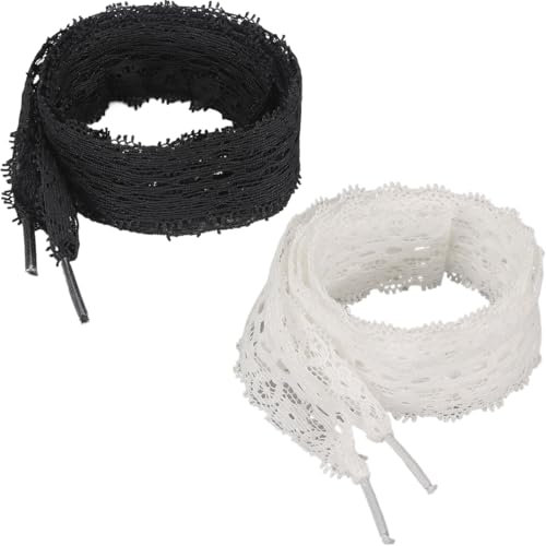2 paia di lacci in pizzo, stile balletto, lacci in pizzo elastici, carino stile femminile,lacci per scarpe da donna con fiore piatto e pizzo (bianco e nero)