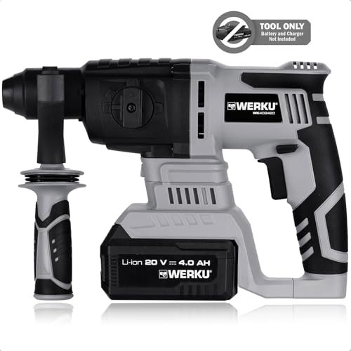 Werku WK403420, Taladro Martillo Demoledor Inalámbrico, Calidad Profesional, Potencia 20 V, Impacto 3 Julios, Portabrocas SDS Plus, Función Taladrado y Cincelado, No Incluye Batería y Cargador