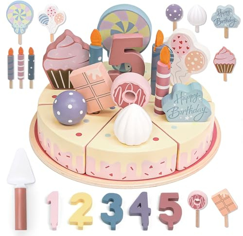 Masonbaby Kinderküche Geburtstagstorte aus Holz-Geburtstagskuchen Kinderküche Spielküche Zubehör aus Holz-Holzspielzeug Kuchen zum Geburtstag,Lebensmittel Spielzeug Rollenspiel Geschenk für Kinder