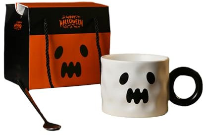 CAPIJIONG Taza de cerámica de calabaza de Halloween de 450 ml (blanco)