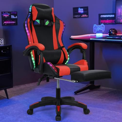Chaise Gaming Ergonomique Réglable, Fauteuil Gamer avec Haut-Parleurs et Lumières LED RGB, Siège avec Repose-Pieds Rétractable et Massage Lombaire, Chaise Bureau Inclinable (Rouge)