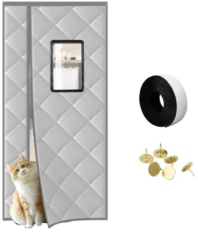 Rideau de porte magnétique à isolation thermique avec fenêtre visible et bas lesté pour isolation thermique, fermeture automatique, gris, 90 x 190 cm