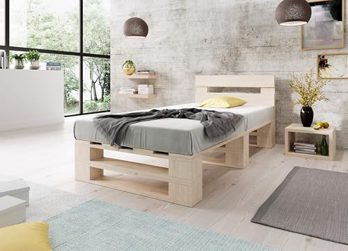 Lermowood Palettenbett M2 aus Holz 120 x 200 cm Natur mit Kopfteil Holzbett 30cm Stabiles Seniorenbett Kinderbett Jugendbett Gästebett erhöhtes Einzelbett Bettgestell Futonbett Komforthöhe Naturholz