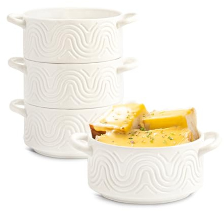 INSETLAN 20oz French Onion Soup Bowls with Handles, Set of 4 Ceramic Soup Crocks, Arch Design Ceramic Soup Bowls for Cheese,Chili, Beef Stew, Cereal, Pot Pies, Microwave & Oven Safe