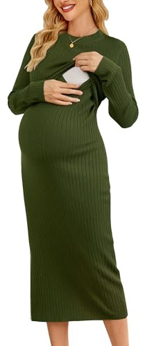 OUGES Women's Wool Blend 2025 Maternity Sweater Nursing Dress Long Sleeve Crew Neck Slim Fit Ribbed Knit Midi Dress(Amy Green,L)