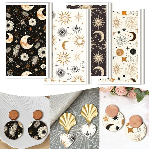 craspire 20 Stück 4 Stile Polymer Ton Transferpapier Unterglasur Transfer Aufkleber 4,7 x 2,8 Zoll Boho Muster Mit Mond Sonne Stern Und Blumen Designs Blätter Für Die Schmuckherstellung Ohrringe