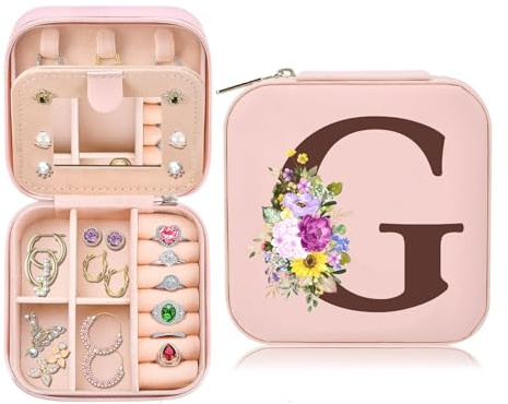 Schmuckkästchen Klein, Schmuckschatulle für Mädchen, Schmuckbox Damen, Reise Schmuck Etui, Jewelry Organizer Leder, für Ohrringe Halsketten Ringe, Hochzeit Geburtstag Muttertag Geschenk（Initialen G)