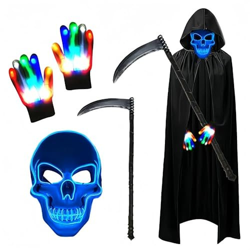 Shengou Halloween Sensenmann Kostüm Set,Halloween Kostüm,Sensenmann Kostüm Erwachsene,Leuchtende Maske Set mit Sensemann Umhang und Sense und Glow Handschuhe für Party Karneval Cosplay