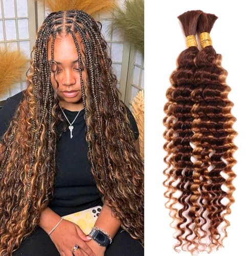 Boho Braids Human Hair Extensions 100g 2 Bundles No Weft Human Braiding Hair for Knotless Braids Wet and Wavy Deep Wave Bulk Human Hair For Women (P4/27#, 20Inch 100g(50gx2Bundles))